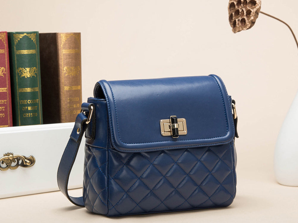 Medium Quilted Blue Diagonal Pattern Shoulder Bag Handbag With Metal Buckle