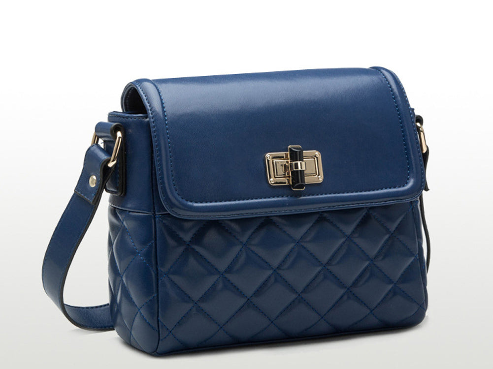 Medium Quilted Blue Diagonal Pattern Shoulder Bag Handbag With Metal Buckle