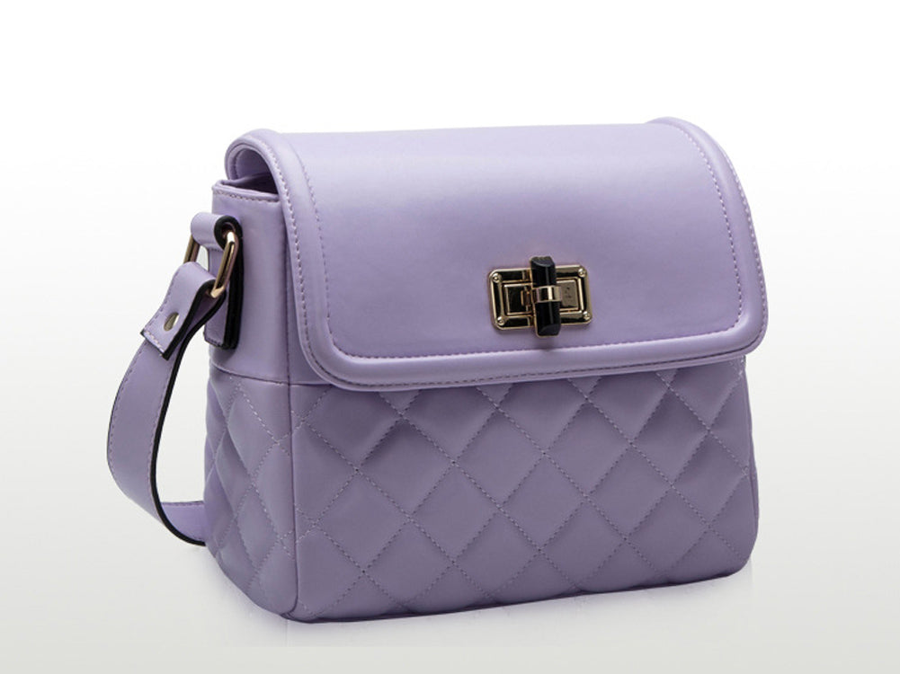 Medium Quilted Purple Diagonal Pattern Shoulder Bag Handbag With Metal Buckle