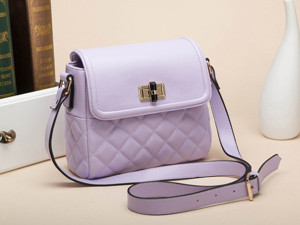 Medium Quilted Purple Diagonal Pattern Shoulder Bag Handbag With Metal Buckle
