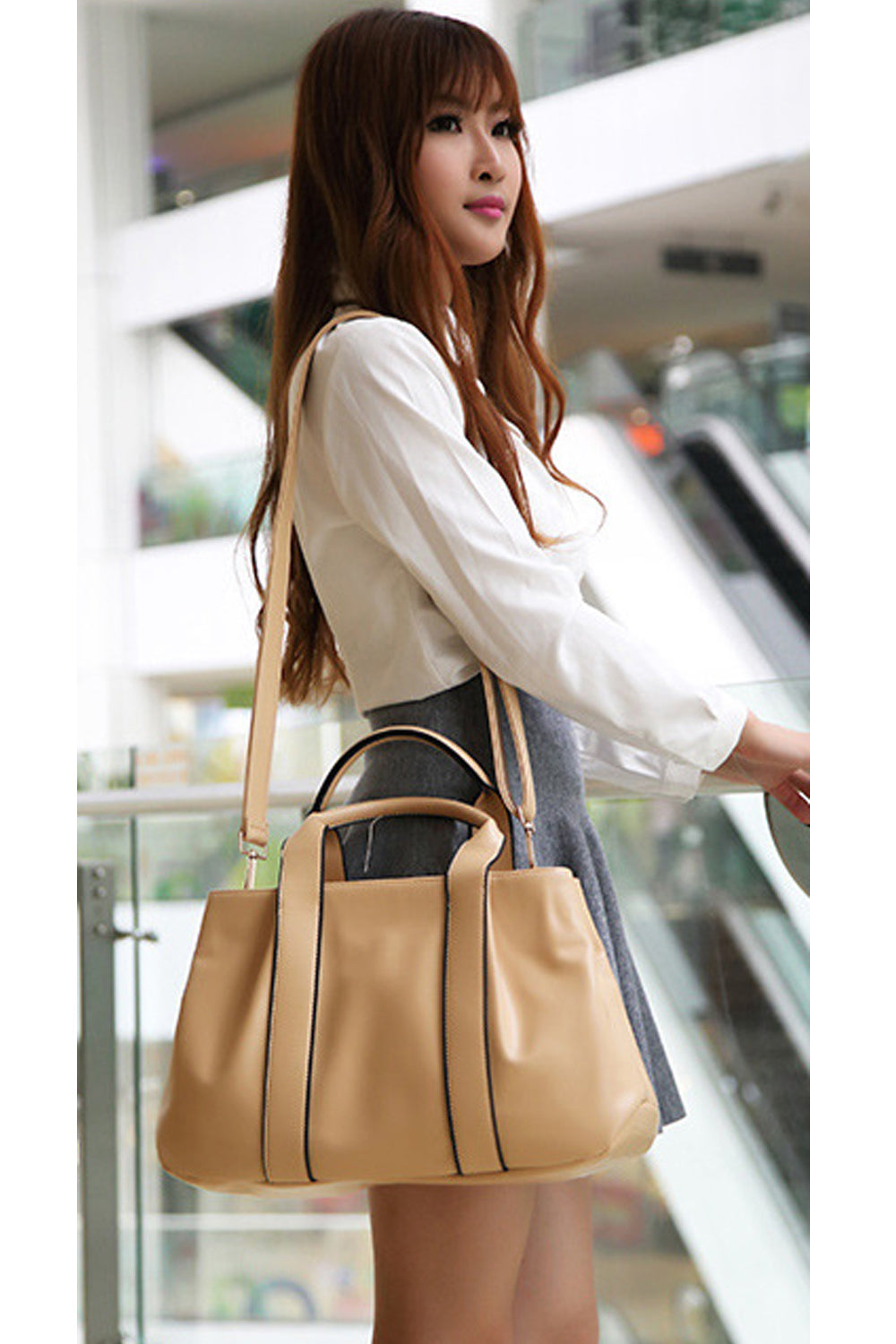 Women's Sophisticated Shiny Look Handbag Shoulder Bag Beige