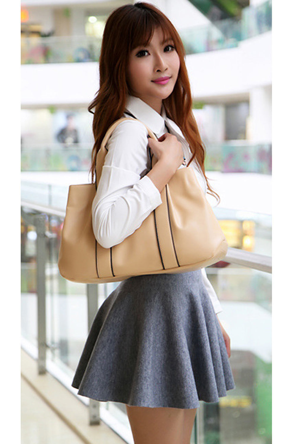 Women's Sophisticated Shiny Look Handbag Shoulder Bag Beige