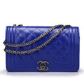 Quilted Diagonal Pattern Navy Blue Handbag Shoulder Bag With Metal Accessories Chain Buckle