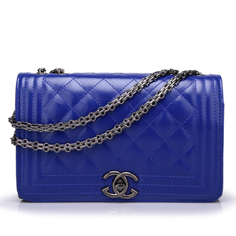 Quilted Diagonal Pattern Navy Blue Handbag Shoulder Bag With Metal Accessories Chain Buckle