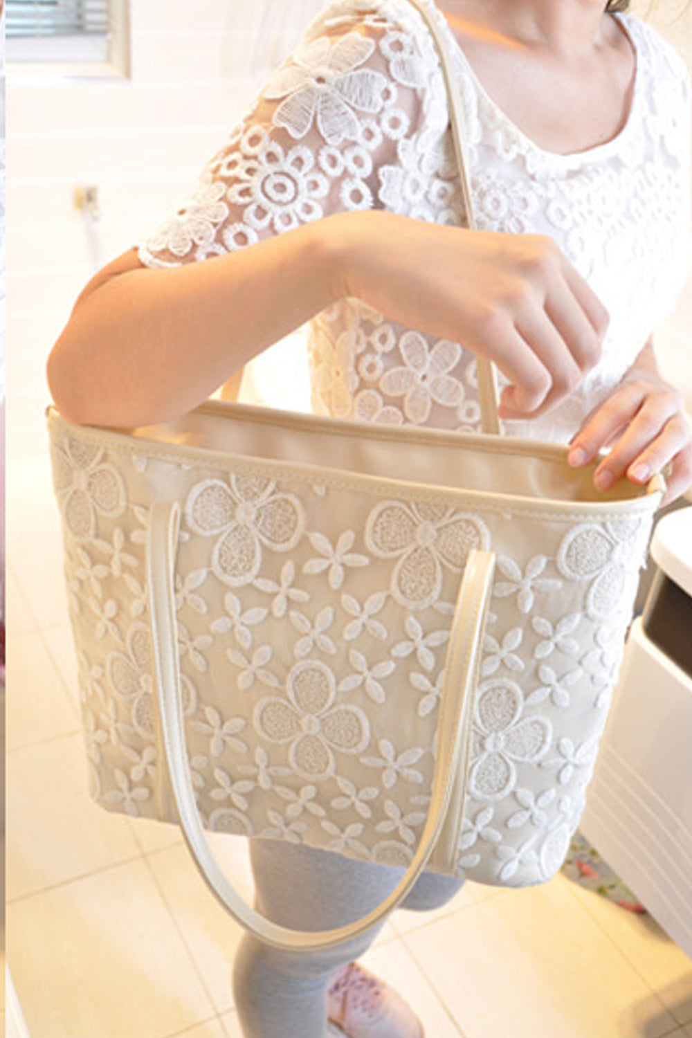 Women Lace Off White Shoulder Bag