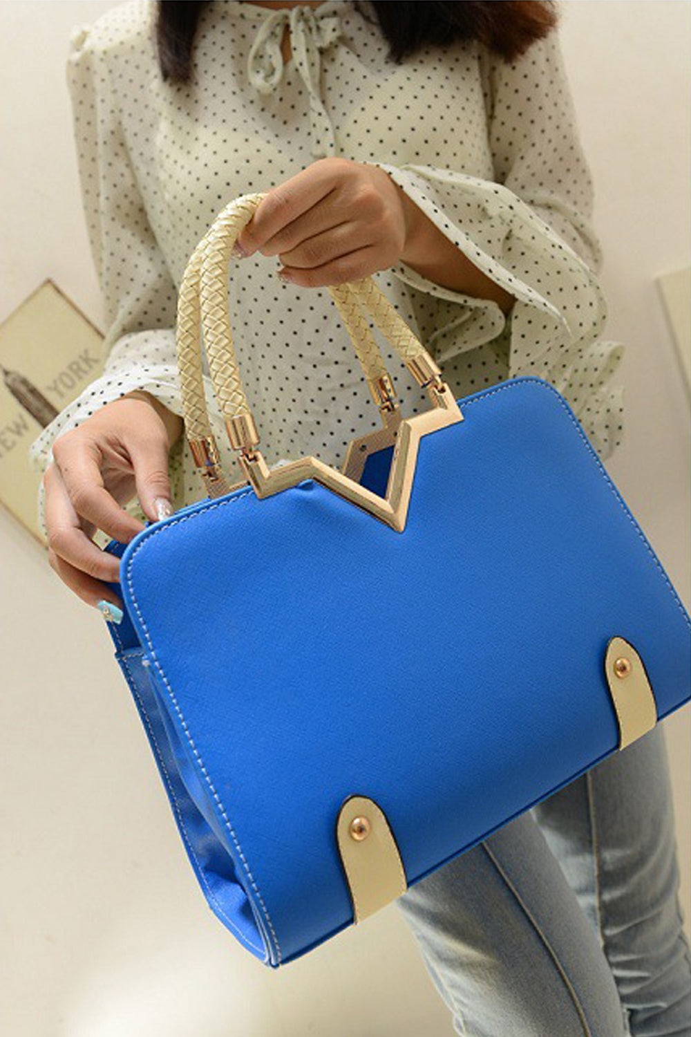 Women's Fashion Handbags with Metal Frame Blue