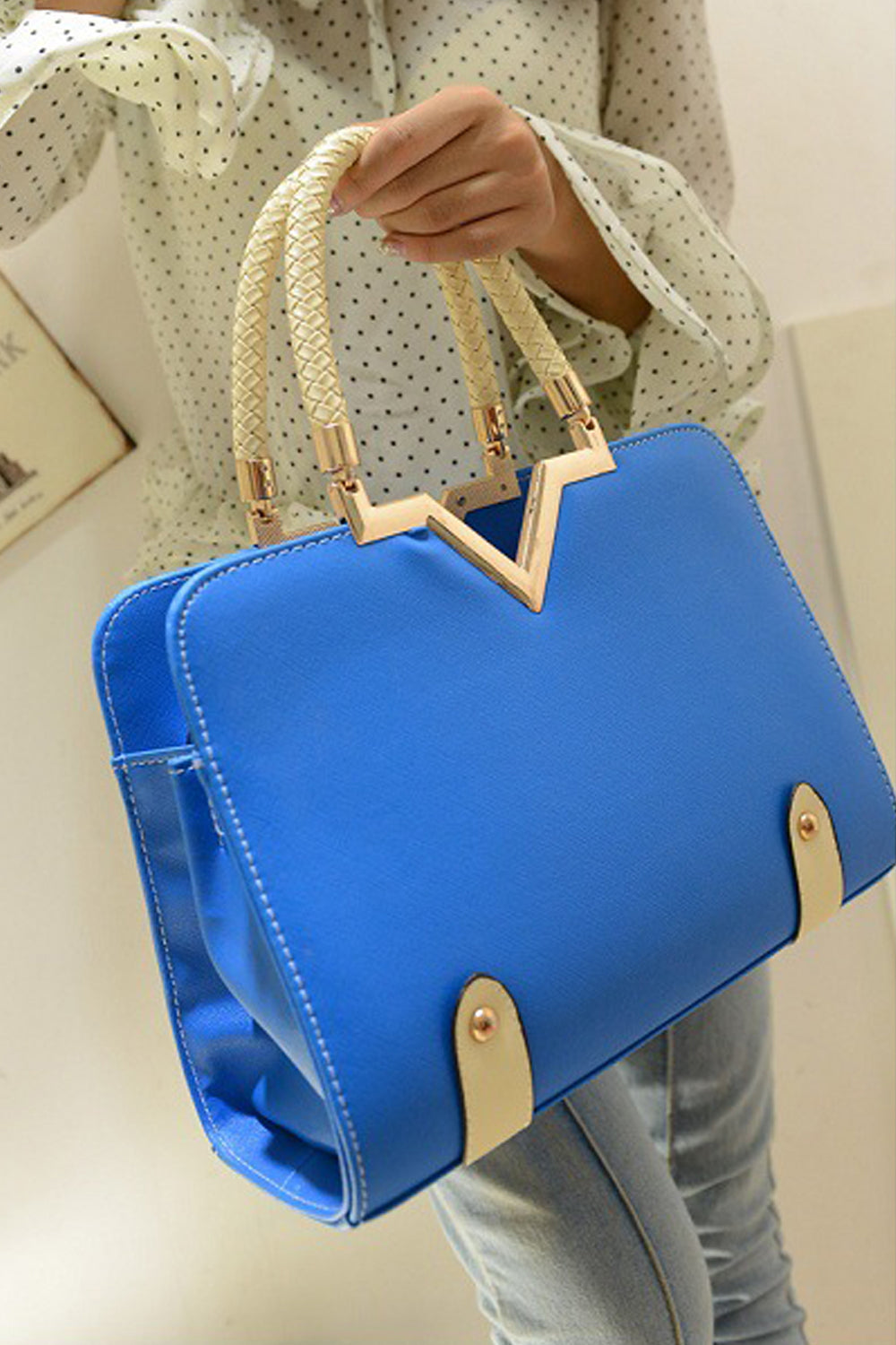 Women's Fashion Handbags with Metal Frame Blue