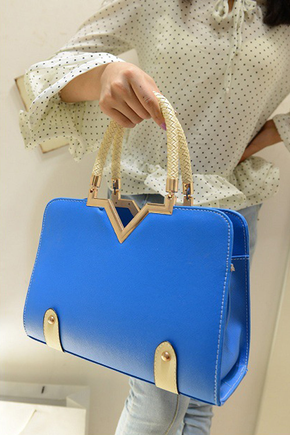 Women's Fashion Handbags with Metal Frame Blue