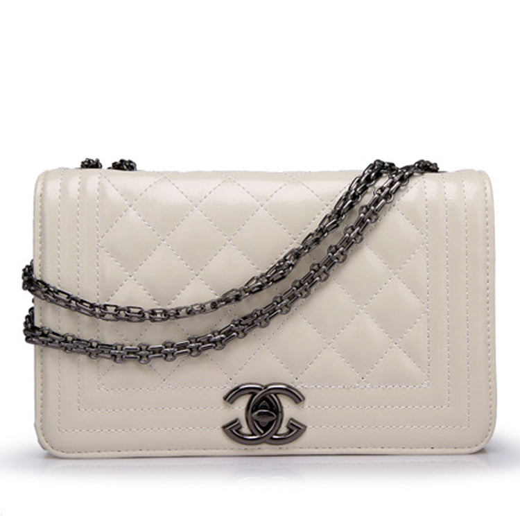 Quilted Diagonal Pattern White Handbag Stylish Shoulder Bag With Metal Accessories Chain Buckle
