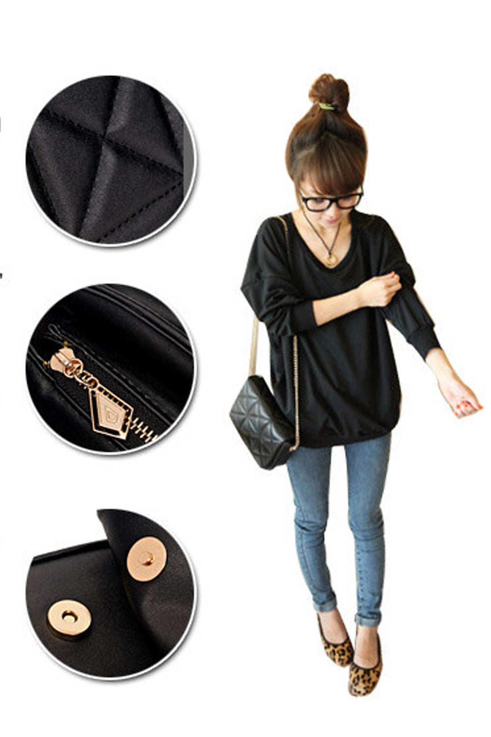Women's Premium Look Diagonal Pattern Black Quilted With Golden Metal Chain