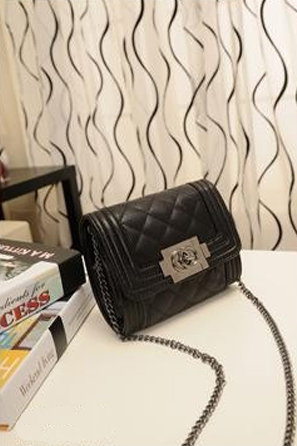 Women's Quilted Retro Look Black Shoulder Bag With Metal Chain And Double Loop Buckle