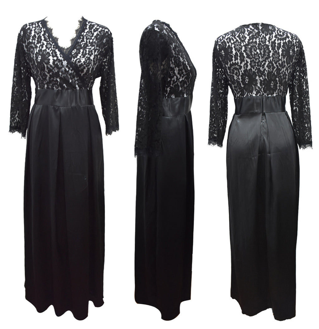 Women Plus Size Lace Stitching Long Party Maxi Dress Black