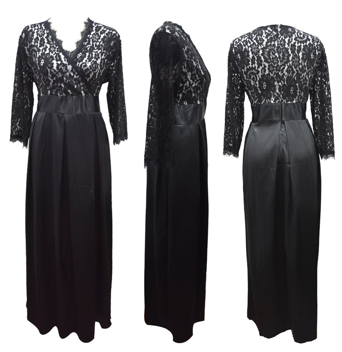 Women Plus Size Lace Stitching Long Party Maxi Dress Black