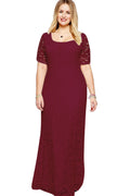 Women Back Zip Fastening Lace Long Plus Size Dress Red Wine