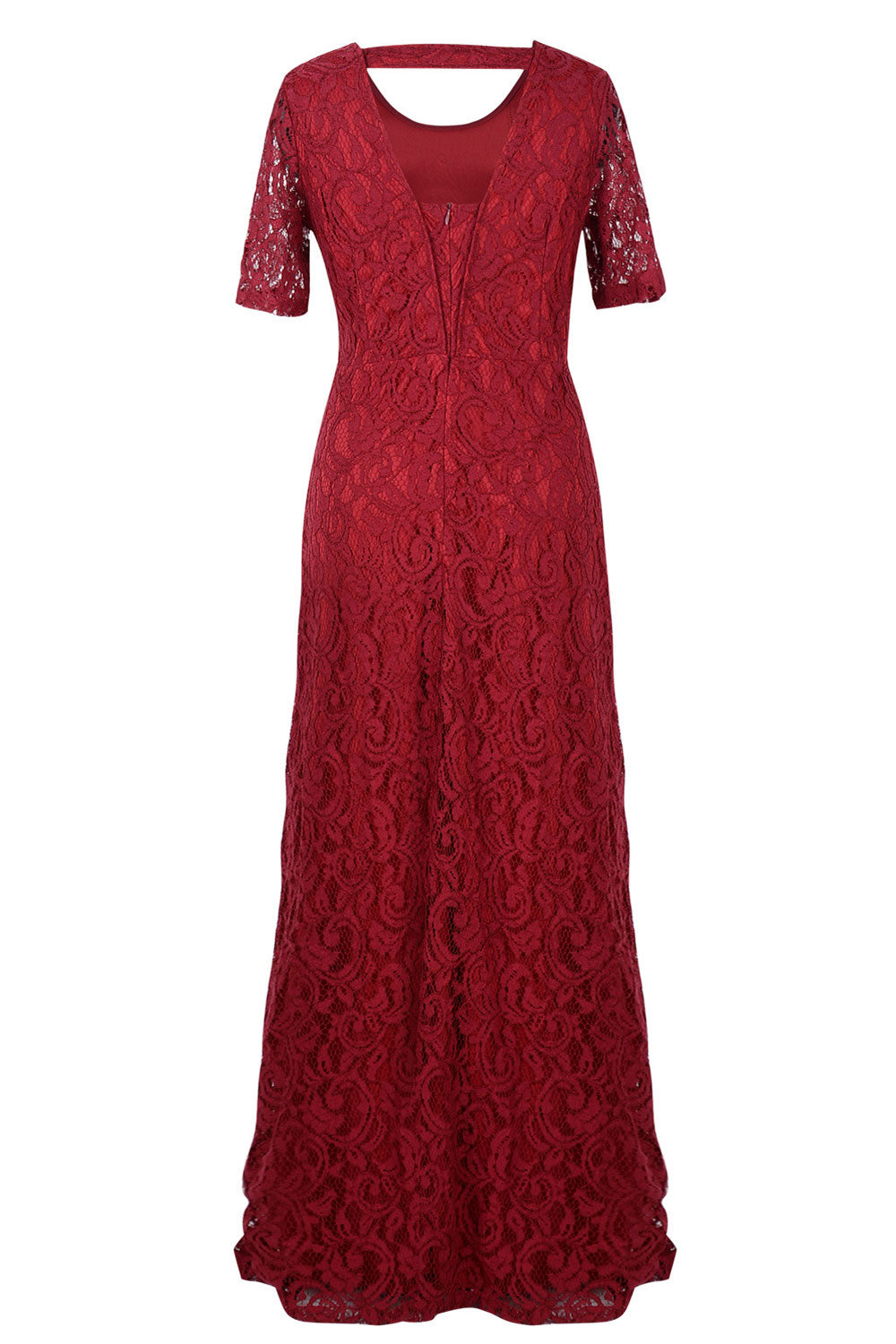 Women Back Zip Fastening Lace Long Plus Size Dress Red Wine