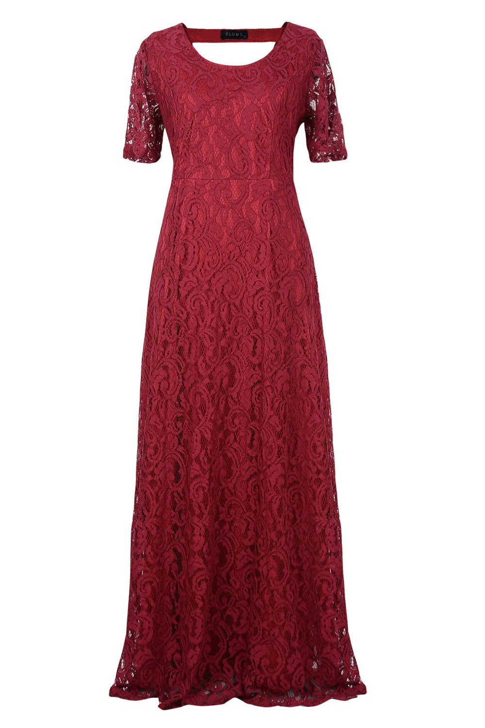 Women Back Zip Fastening Lace Long Plus Size Dress Red Wine