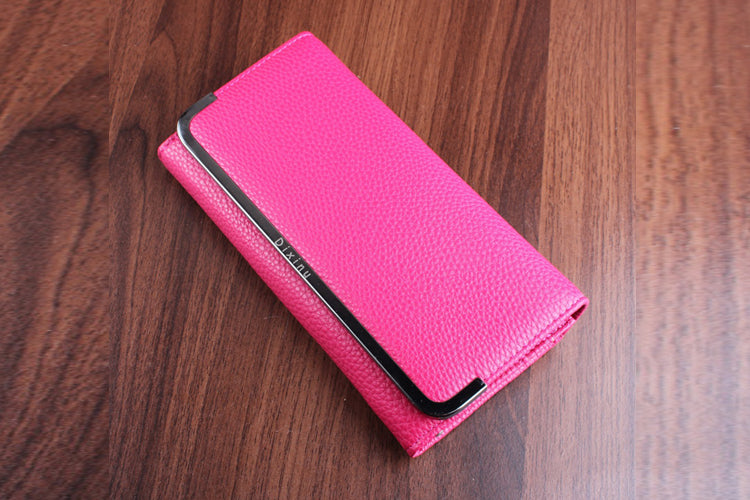 Women's Texture Surface Hand Clutch Wallet With Metal Frame Rose Red