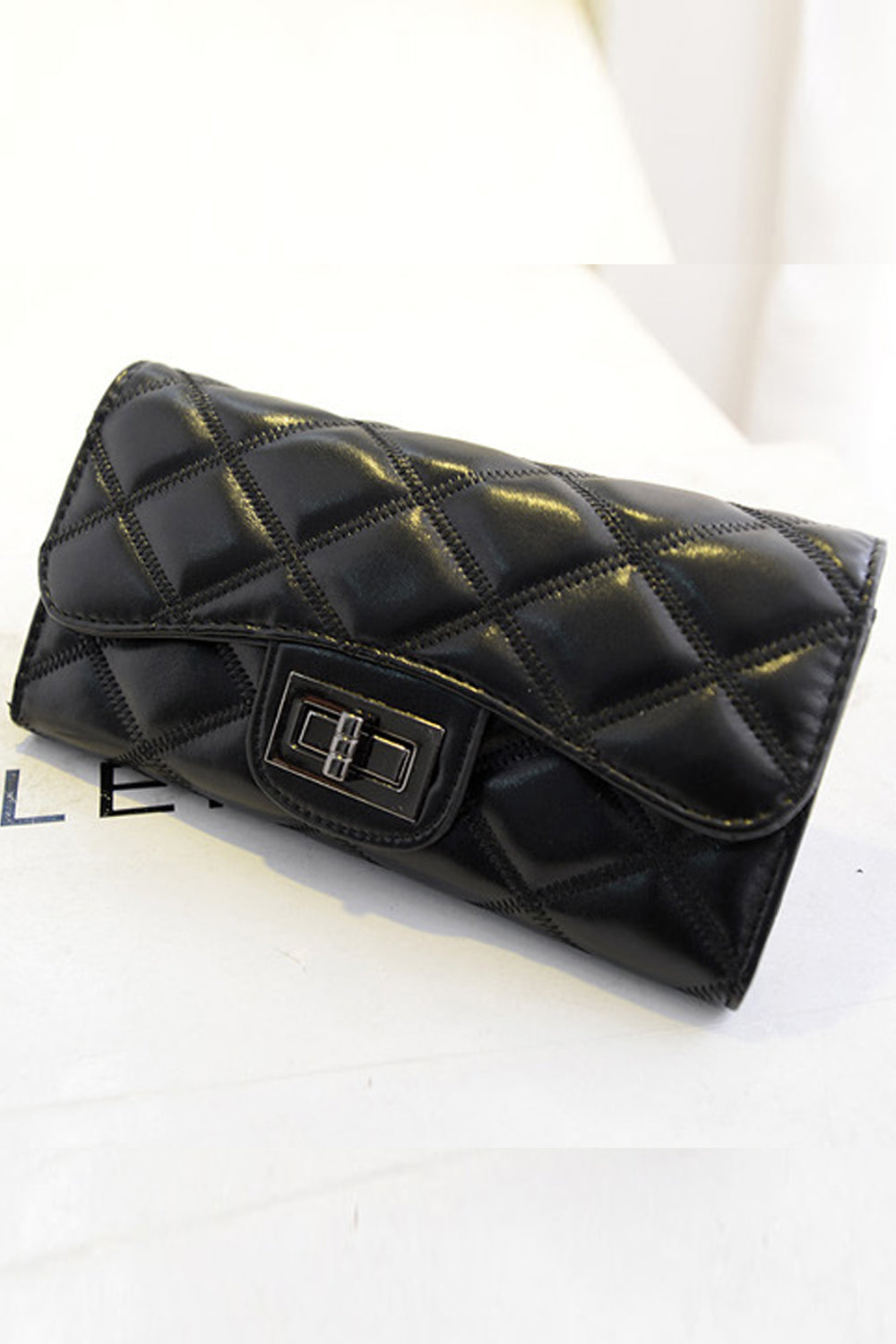 Women Clutch Quilted PU Leather Handbag Black