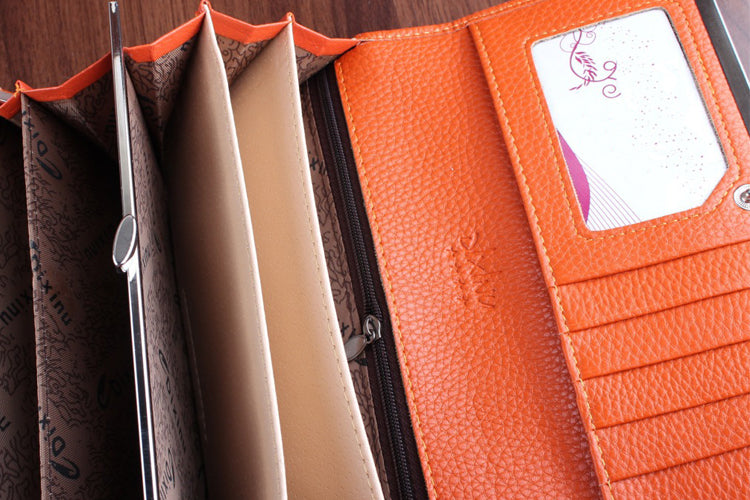 Women's Texture Surface Hand Clutch Wallet With Metal Frame Orange