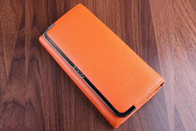 Women's Texture Surface Hand Clutch Wallet With Metal Frame Orange