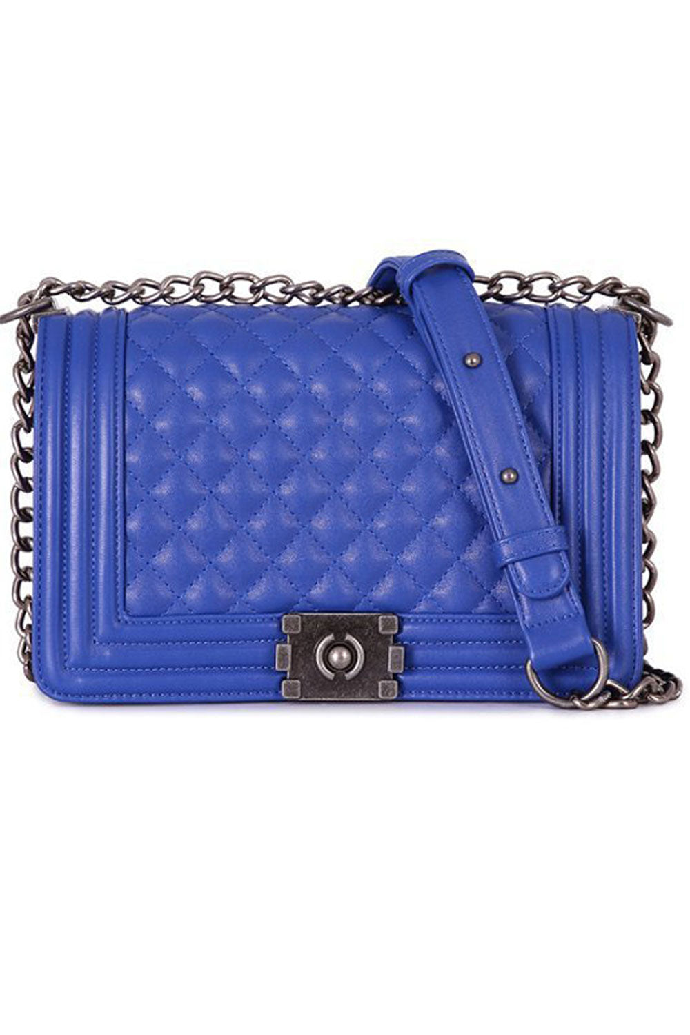 Stylish Look Quilted Diamond Pattern Blue Shoulder Bag With Metal Chain