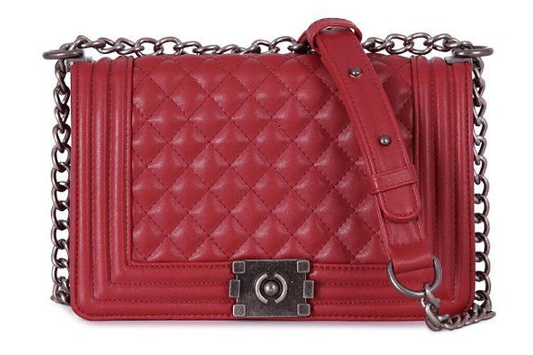 Stylish Look Quilted Diamond Pattern Red Shoulder Bag With Metal Chain