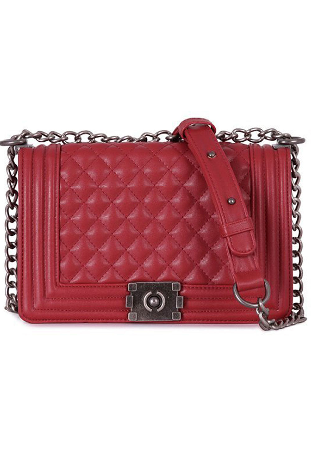 Stylish Look Quilted Diamond Pattern Red Shoulder Bag With Metal Chain