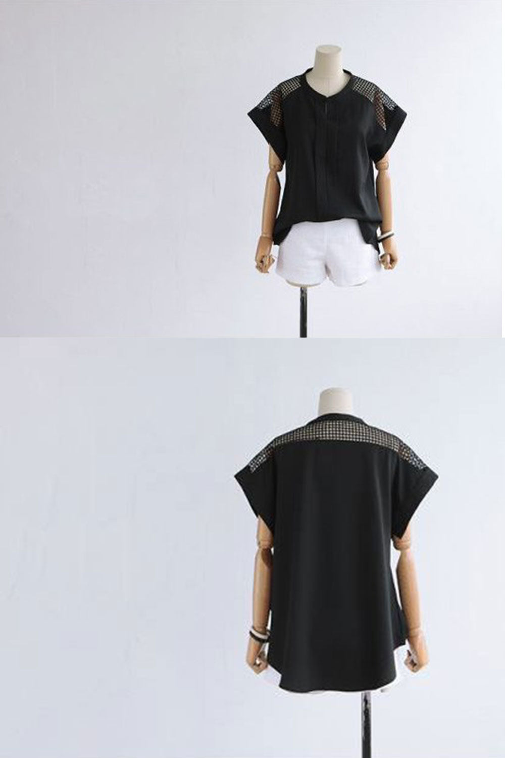 Women Loose Lace Decorated Sleeves Shirt Black