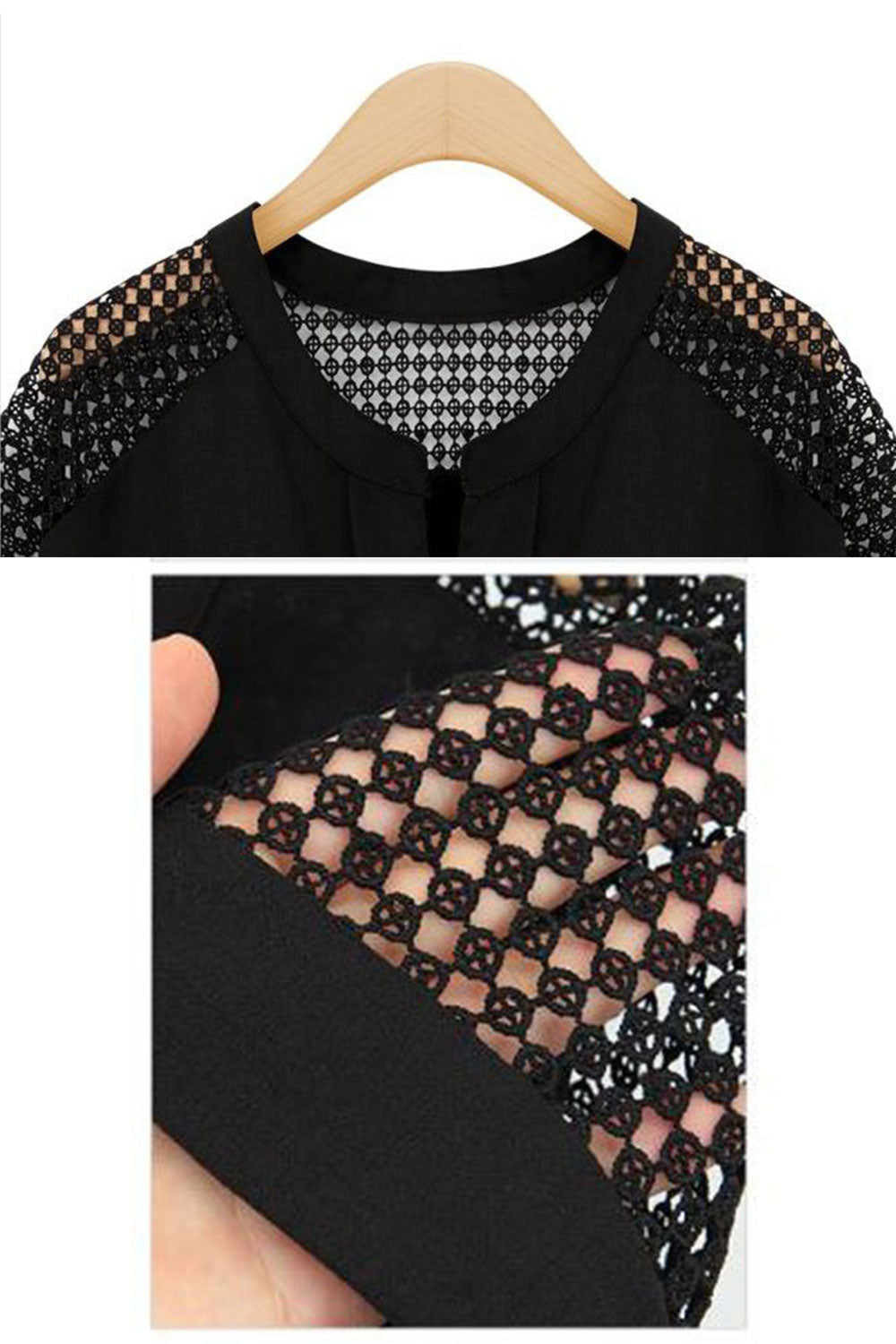 Women Loose Lace Decorated Sleeves Shirt Black