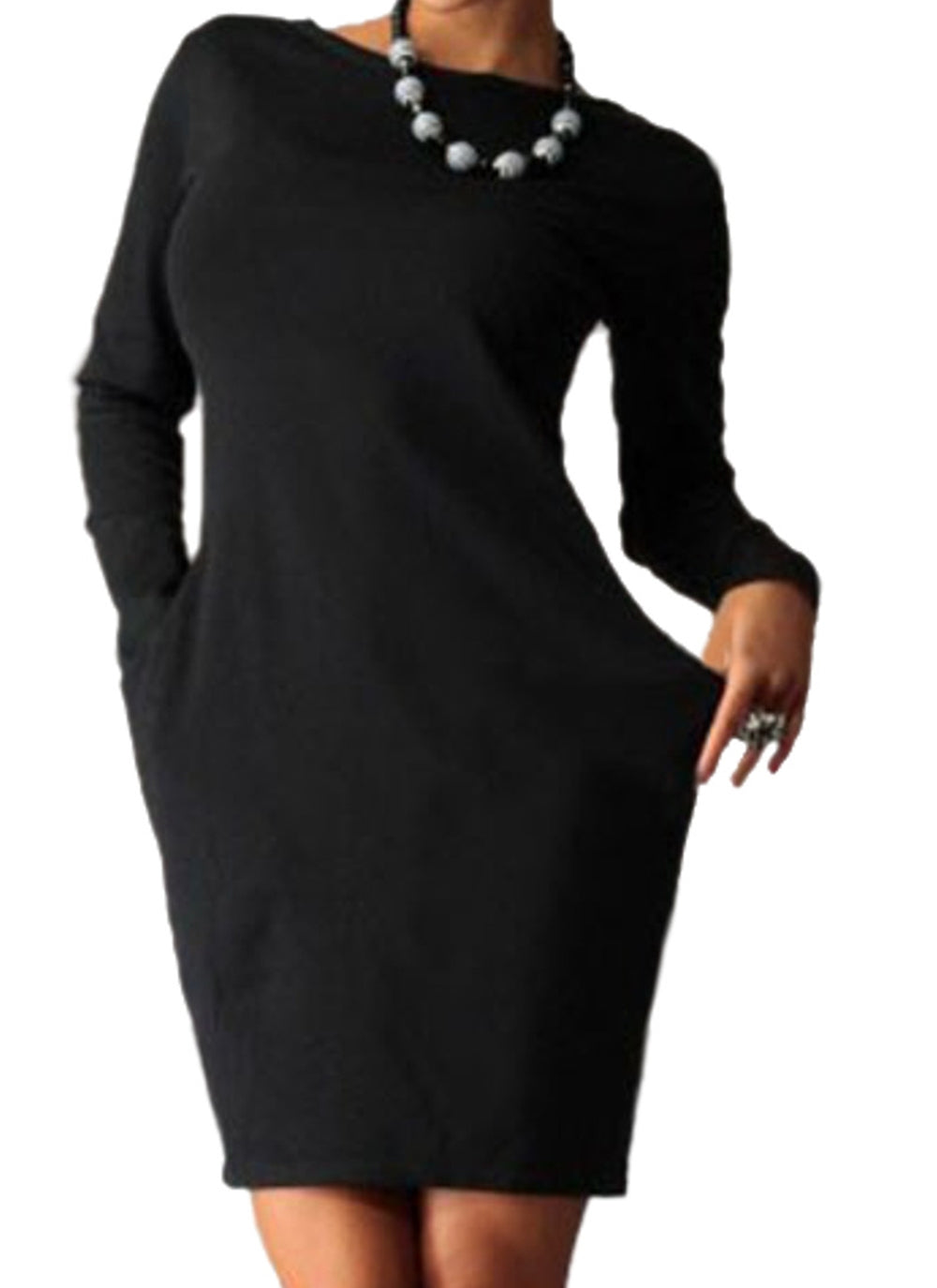 Women-Solid-Round-Neck-Double-Pockets- Dress-Black-Front