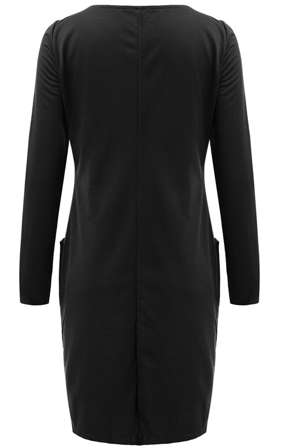 Women-Solid-Round-Neck-Double-Pockets- Dress-Black-Front