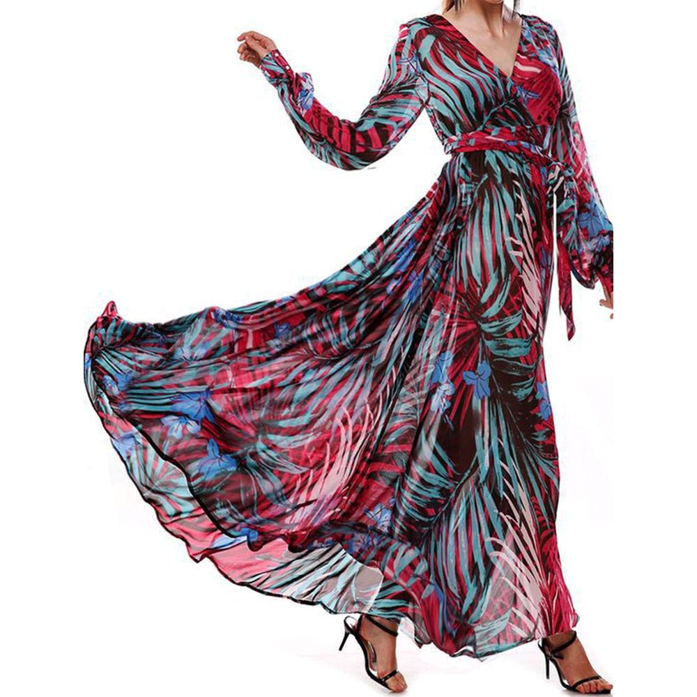 Women Chiffon V Neck Flowing Long Dress