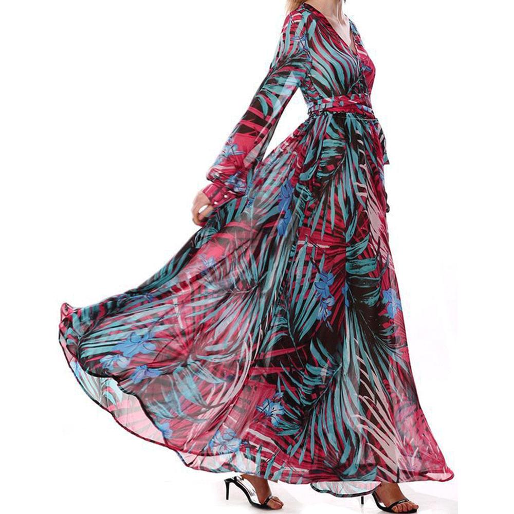 Women Chiffon V Neck Flowing Long Dress