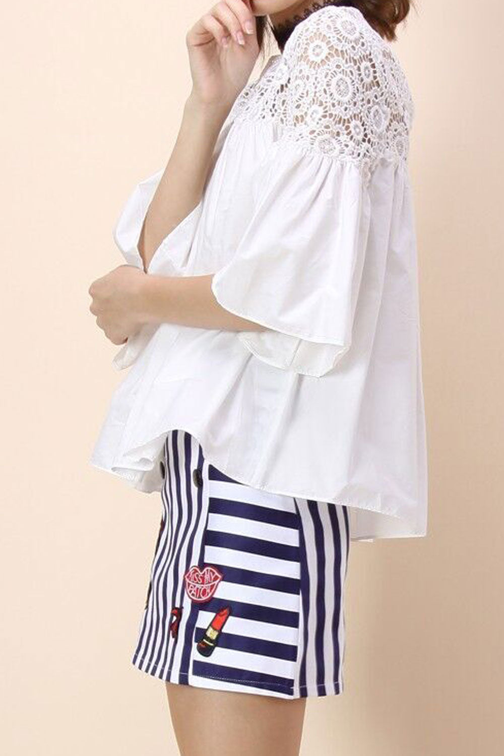 Women Lace Flutter Sleeve Solid Color Comfortable Top