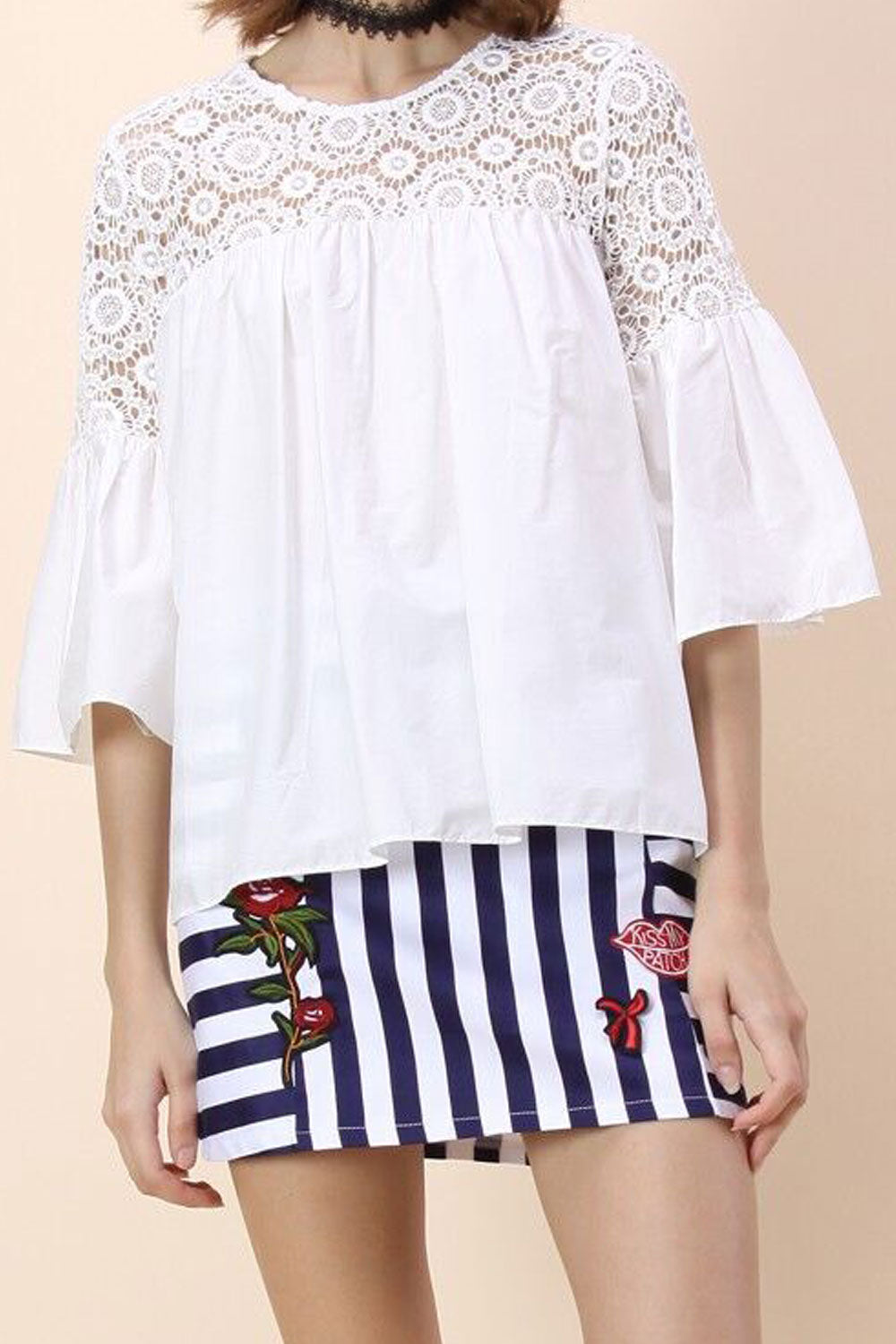 Women Lace Flutter Sleeve Solid Color Comfortable Top