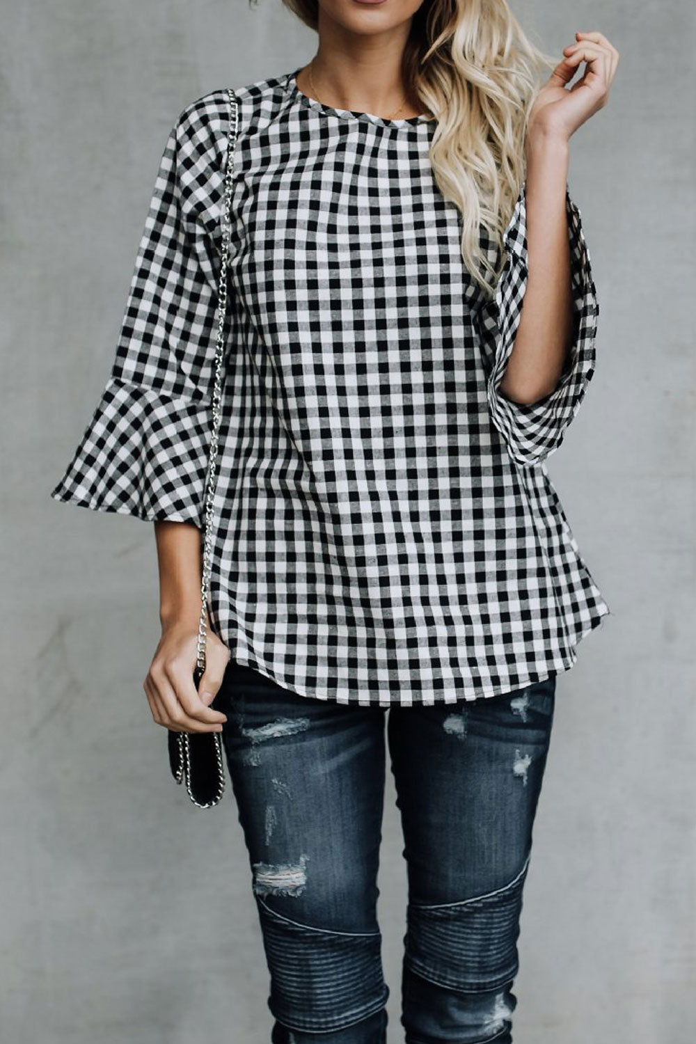 Women Round Neck Bell Sleeve Plaid Shirt