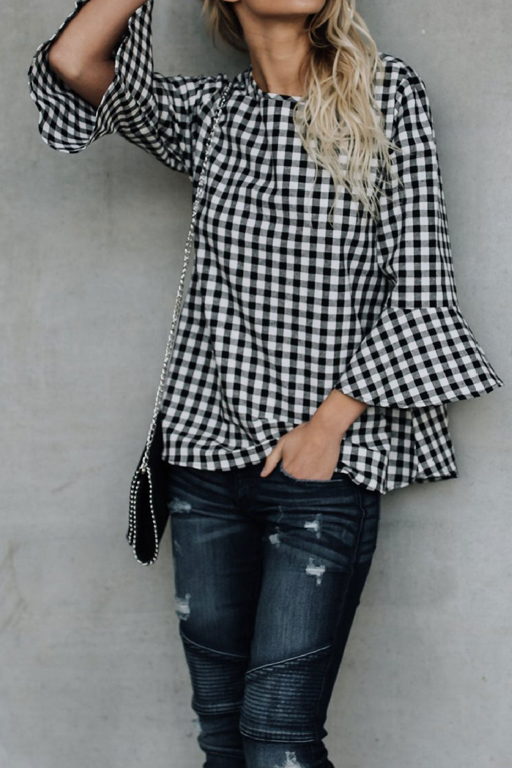 Women Round Neck Bell Sleeve Plaid Shirt