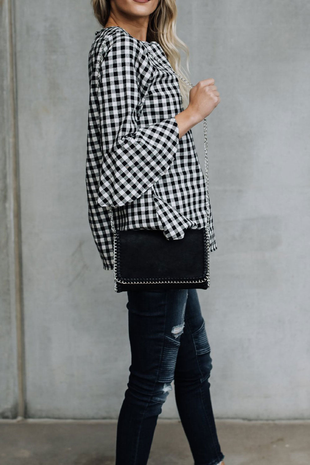 Women Round Neck Bell Sleeve Plaid Shirt