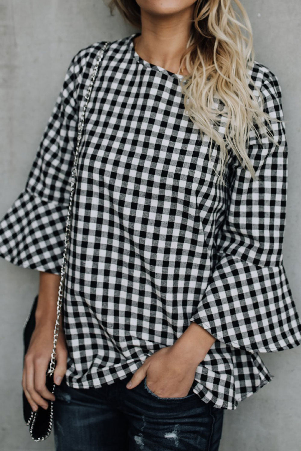 Women Round Neck Bell Sleeve Plaid Shirt
