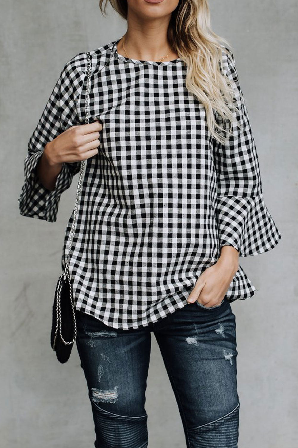 Women Round Neck Bell Sleeve Plaid Shirt