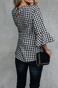 Women Round Neck Bell Sleeve Plaid Shirt