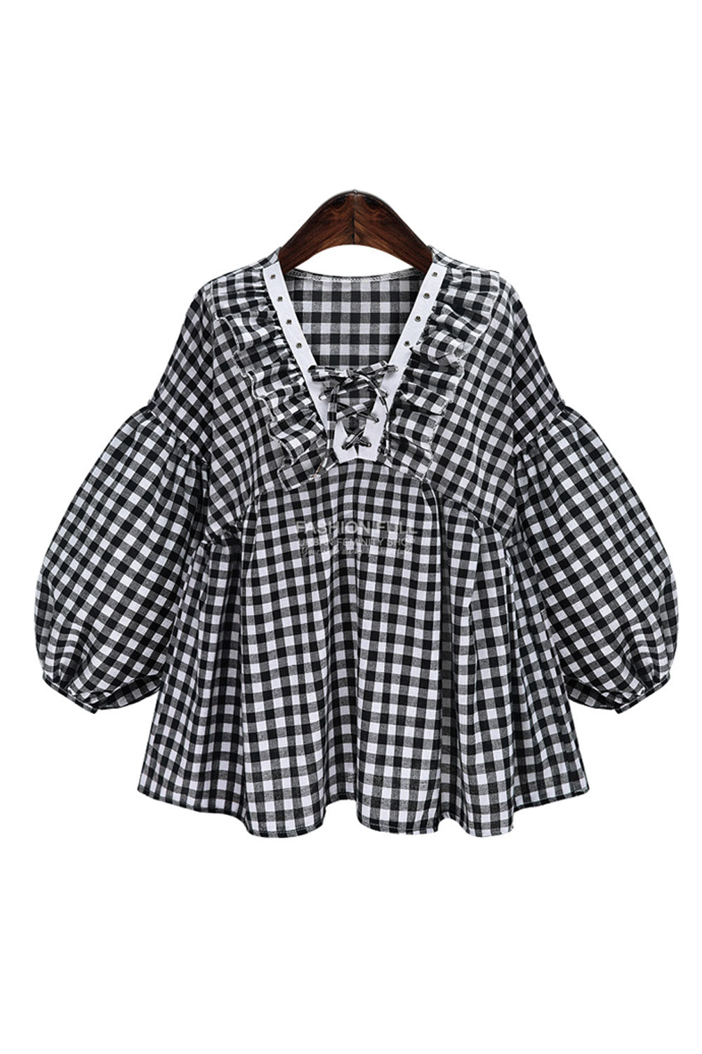 Women V-Neck Pleated Casual Plaid Shirt