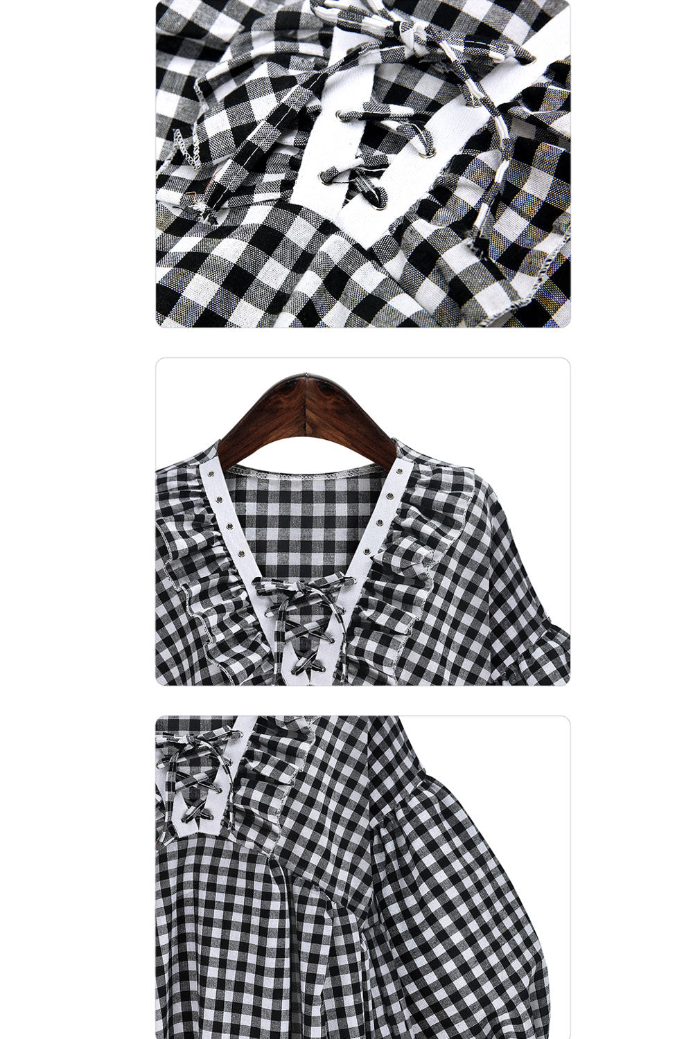 Women V-Neck Pleated Casual Plaid Shirt