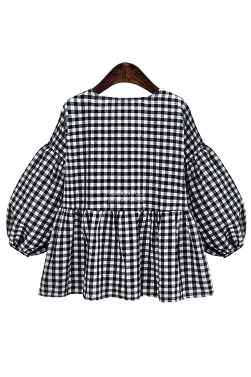 Women V-Neck Pleated Casual Plaid Shirt
