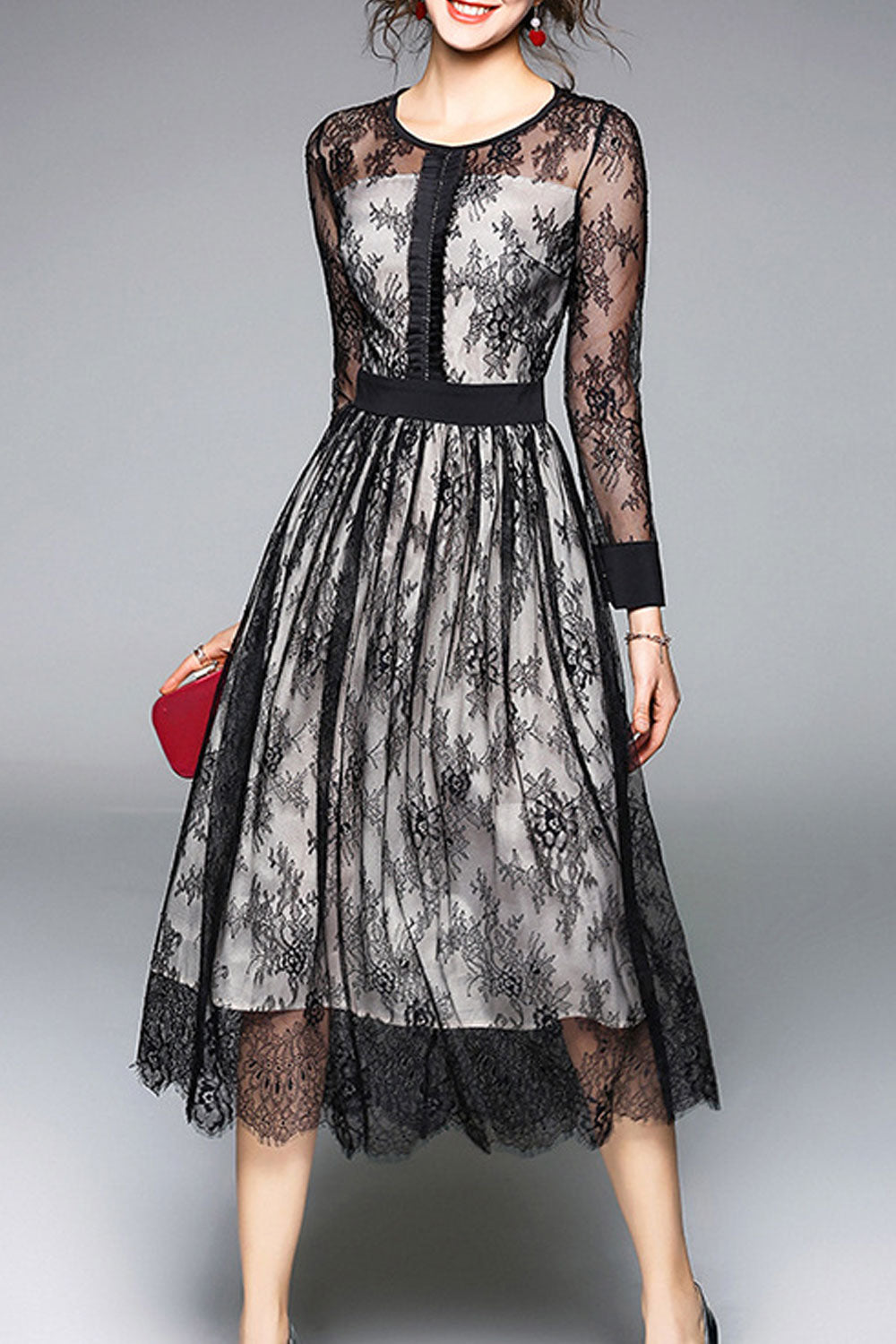 Women Long Sleeve Lace Decorated Slim Dress