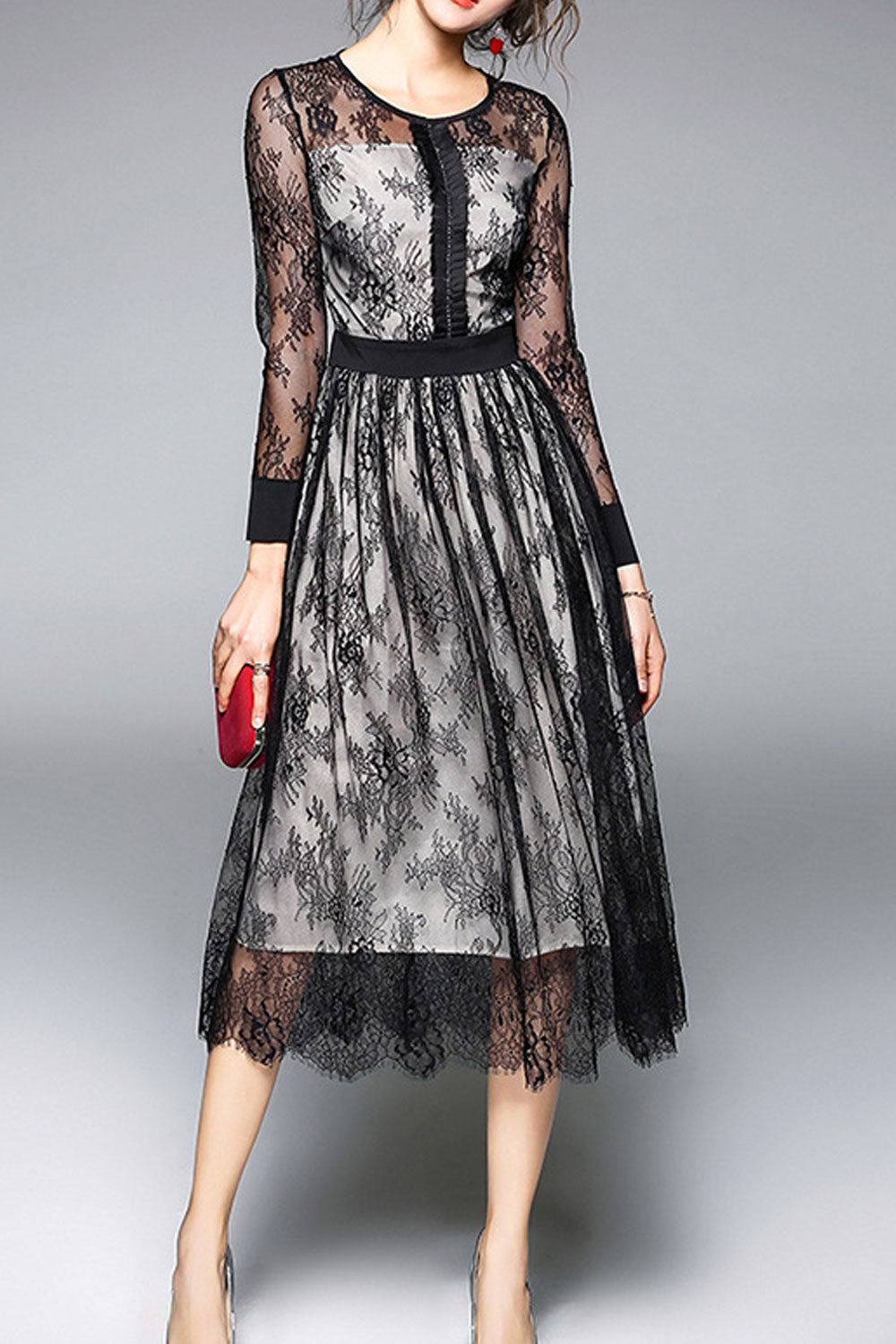 Women Long Sleeve Lace Decorated Slim Dress
