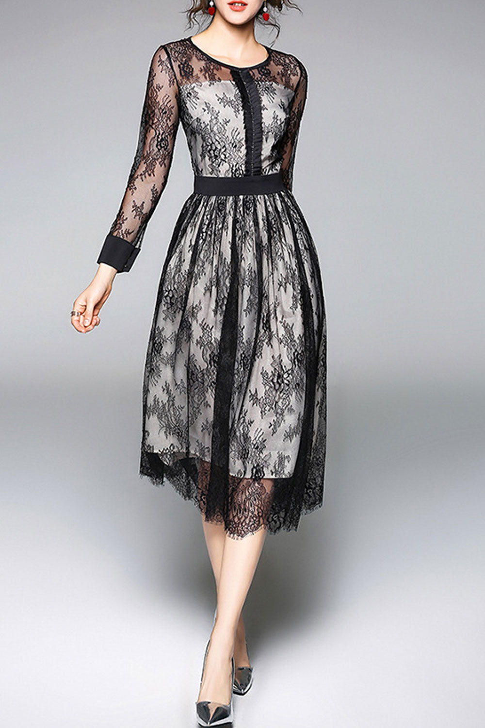 Women Long Sleeve Lace Decorated Slim Dress
