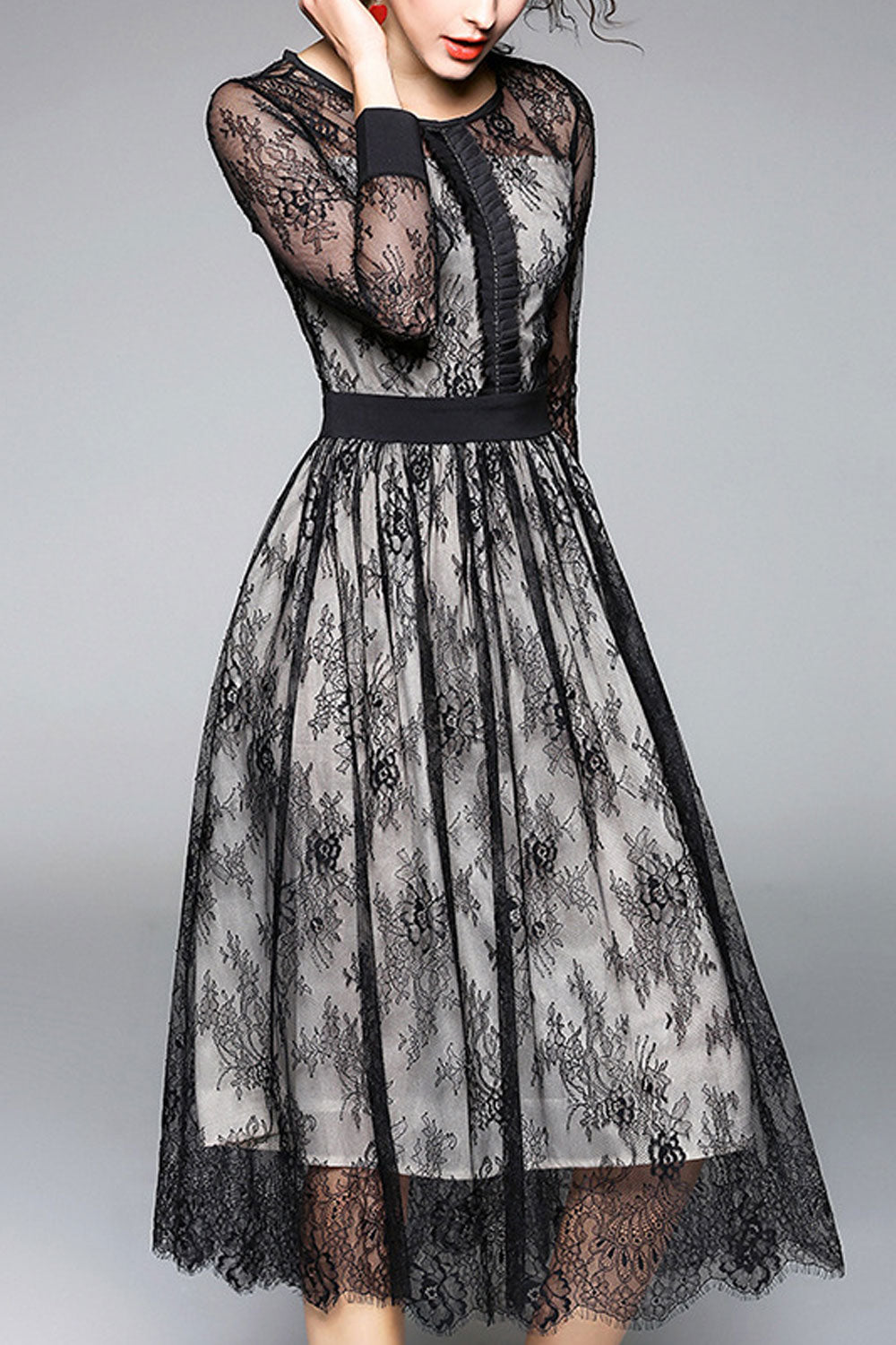 Women Long Sleeve Lace Decorated Slim Dress