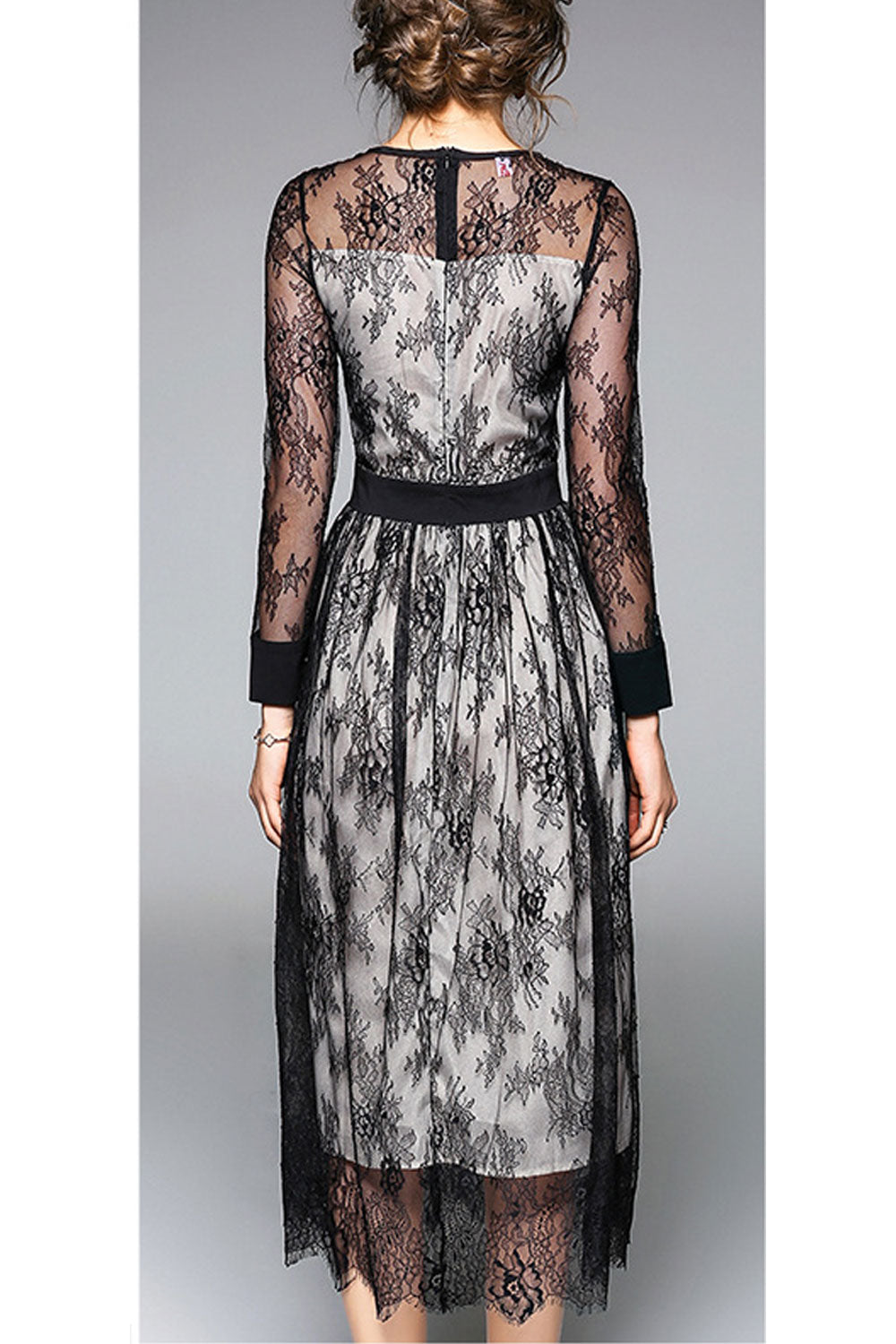 Women Long Sleeve Lace Decorated Slim Dress