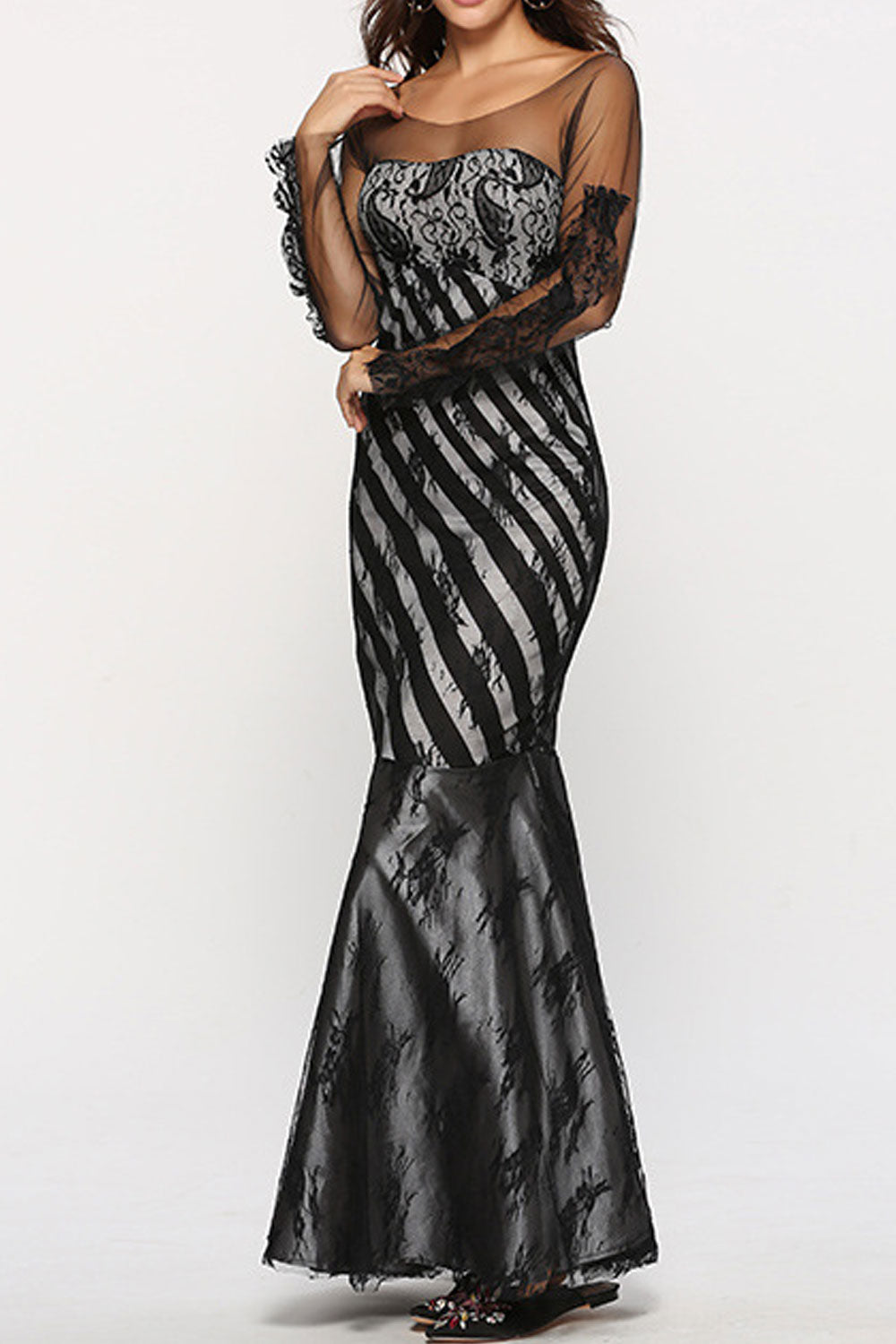 Women Sheered Neck Long Mermaid Maxi Dress